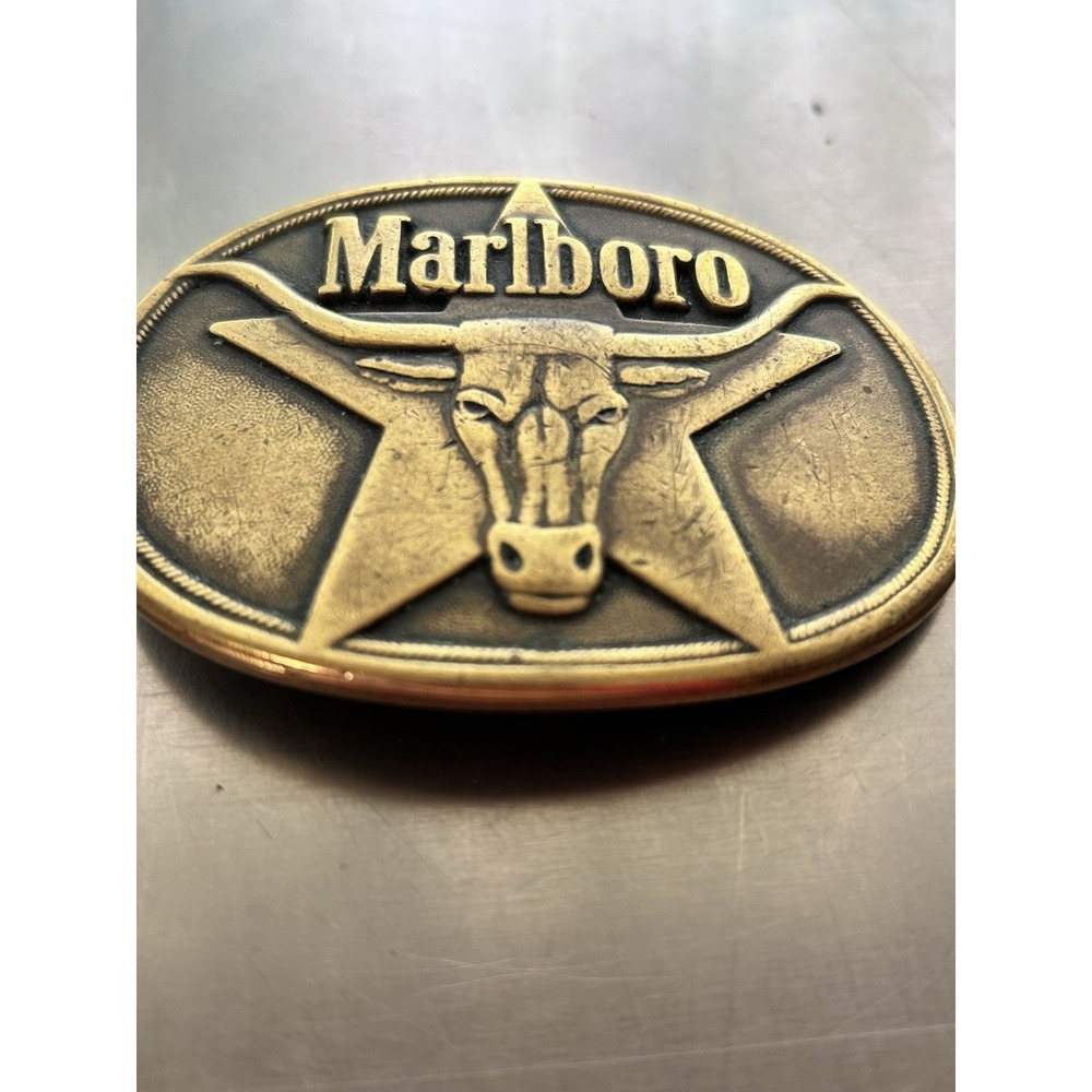 Vintage Brass Marlboro 1980s 1987 Buttrocker Cowboy Western Longhorn Belt Buckle - Picture 2 of 5